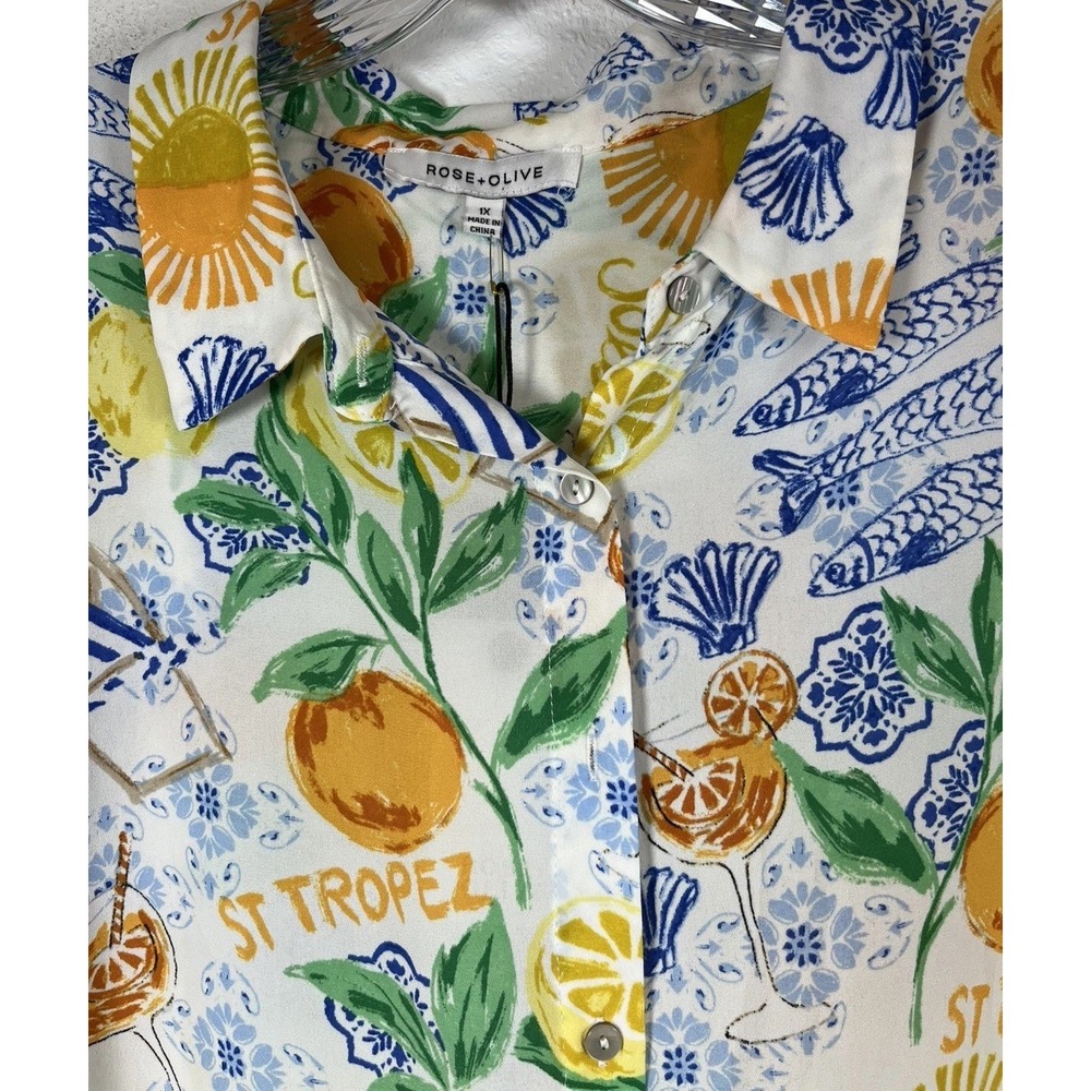 NWT Rose + Olive Sz 1X Top Citrus Fruit Europe Print Tie Front Button Up Shirt - Picture 2 of 9